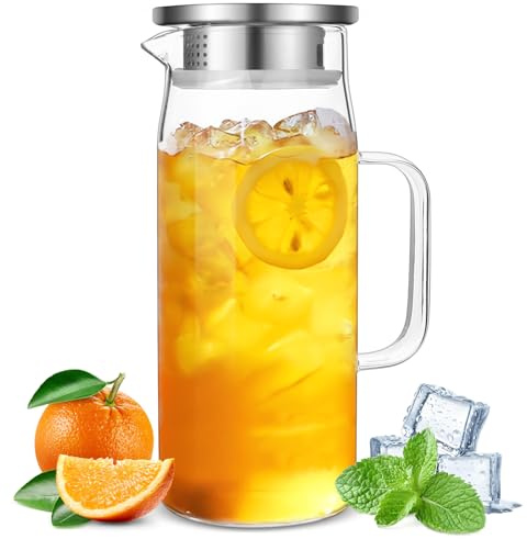 Glass Pitcher, Yeelua 1L Large Capacity Kettle with Removable Lid, Clear Glass Pitcher Carafe for Refrigerator, Hot Cold Water Jug, Beverage Carafe for Tea Cafe Lemonade (1, Liters)