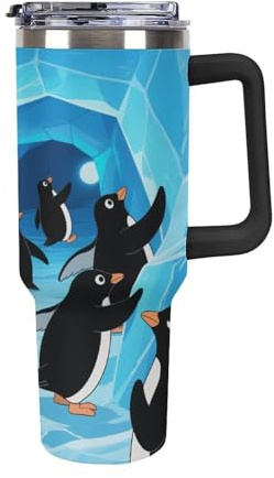 Termo de acero inoxidable de 1,18 l con asa y tapa con pajita. El diseño cónico cabe en el portavasos de tu coche, termo con diseño de pingüino en una aventura, un artículo imprescindible para acampar