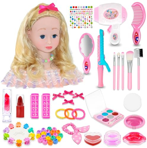 Beeoecm Frisierkopf Kinder Set, 58 Stück Puppenkopf zum Frisieren Kinder, Schminkkopf für Mädchen zum Schminken und Frisieren, Stylingkopf Hairdressing Geschenk für Mädchen