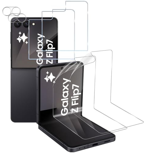 ELYCO Protection Écran Pour Samsung Galaxy Z Flip 7, 2+2+2 Pièces | 2 Pièces Verre Trempé 9H Dureté Avant + 2 Pièces Flexible À l'intérieur + 2 Pcs Caméra Arrière Protecteur, HD Film