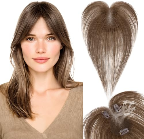 SEGOHAIR Echthaar Hair Topper für Frauen Seitlicher Pony - Haartopper 7x11 cm für schütteres Haar mit 360° 3D-Abdeckung und handgenähter Basis 14g Mittelbraun
