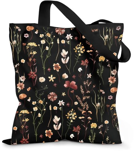 Vesavifaka Canvas Tote Bag Bolsa para Damas – Bolso de Tela Estético, Dulce, Elegante Bolsa de Hombro Reutilizable para Compras Trabajo Diario Vacaciones, Flores Negras