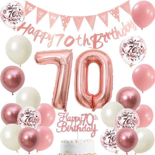 70. Geburtstag Deko Frauen Rosegold Happy 70th Birthday Banner Luftballon, Zahl 70 Folienballon, Tortendeko für 70 Geburtstagsdeko Frau