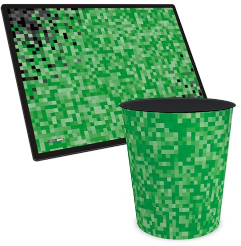itenga Papierkorb Set mit Schreibtischunterlage | 11L Mülleimer Kunststoff rund + Schreibunterlage 40x53 cm | Kinder, Jugendliche & Erwachsene - Motivauswahl (Muster Pixel)