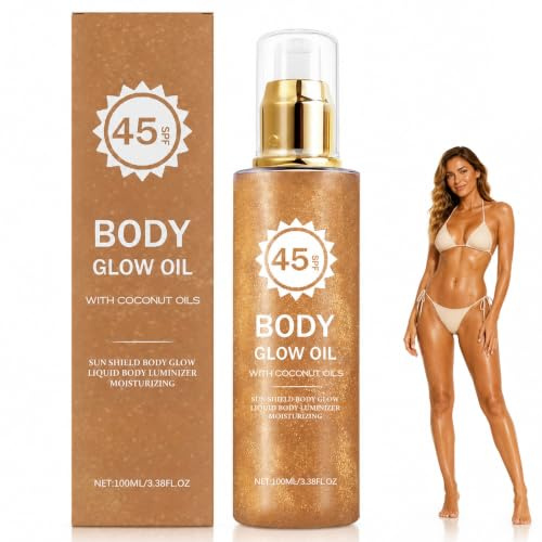 Schimmerndes Körperöl Gold LSF45 - Luminizer Körper Highlighter Öl - Glitter Körper Öl für Gesicht Körper Bein, feuchtigkeits Body Glow Oil, leichte nicht fettende Textur, zur Sommerpflege