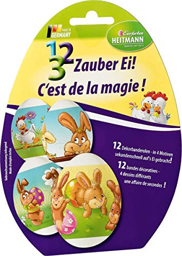 Heitmann Eierfarben - 1,2,3 Zauber Ei - 12 Dekorbanderolen mit 4 verschiedenen Motiven - braune und weiße Eier - Ostern