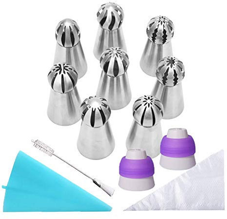 22PCS Russian Piping Tips and Bags Set, Stainles Steel Cake Cupcake Decorating Supplies Russian Ball Tips Pastry Bag & Nozzle Flower Shaped Frosting Icing Tips Set Baking Tools by MYCreator (1#)