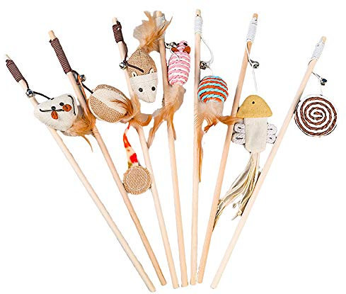 CAMITER 7pcs Kitten Cat Toy Natural Feather Teaser,Feather Ball Mice Fish Interactive Cat Toys, Teaser Wand Pet Toy for Cat Activity