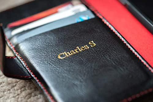 Ed Hicks Custom Personalised iPhone 12 Genuine Leather Wallet Phone Flip Case- monogrammed and engraved with your choice of Initials, Name or Short Message- Vintage Black and Red