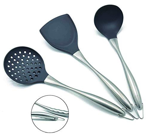 Küchenutensilien-Set aus Silikon, Edelstahl, mit flexiblem Silikonkopf, inklusive Wok-Pfannenwender, Löffel, Schlitzlöffel (grau)