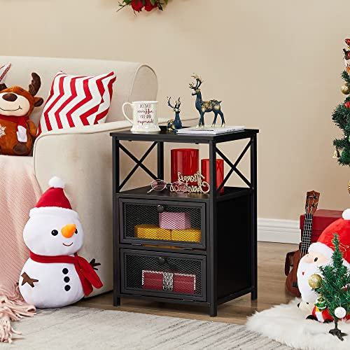 VECELO Mesa auxiliar con cajón abatible y lado de diseño X, estilo moderno y mesita de noche para dormitorio, oficina, fácil montaje, negro, juego de 1