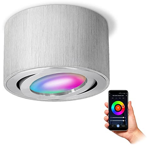 SSC-LUXon CELI-1A Aufbauspot flach schwenkbar gebürstet mit Smart RGB CCT LED Leuchtmittel - WLAN Spot kompatibel mit Alexa, Siri & Google