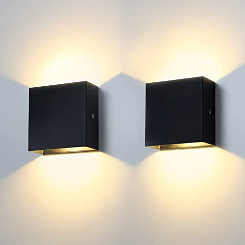 KYOTECH Lampara de Pared LED 12W Interior Exterior Impermeable IP65, Arriba Abajo Apliques de Pared Modernos de Aluminio para Dormitorio Pasillo Jardín, Blanco CáLido 3000K, Negro (2 Uds)