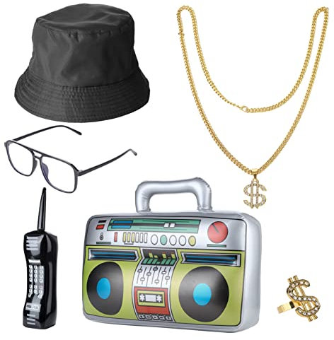 Freebily Hip-Hop Kostüm Kit Eimer Hut Gold Kette Dollar Zeichen Goldene Ring Sonnenbrille Aufblasbarer Boombox Telephon 80er 90er Rapper Outfits Schwarz One Size