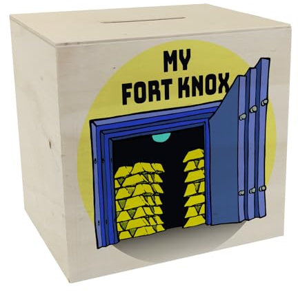 My Fort Knox Spardose aus Holz mit Tresor und Goldbarren Motiv schöne Sparbüchse als Geschenk für Sparfüchse die Fort Knox mögen und Ihr Geld in einem Sparschwein sparen wollen