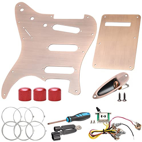Unxuey SSS Strat Gitarre Schlagbrett und Rückplatte Set mit Gitarren-Kabelbaum, Potentiometer-Knopf, Gitarren-Klinkenbuchse und Schrauben für Fender Style Stratocaster Gitarrenteile, Rot Kupfer