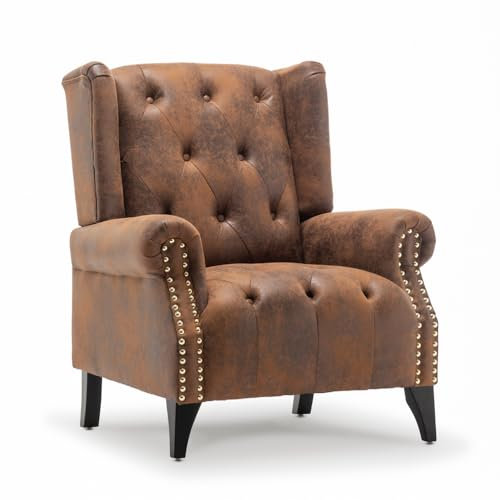 Luxury Antique Brown Faux Leather British Chesterfield Suede Look Living Room Wingback Armchair – Durable , High Backed & Seat , Modern Fireside Accent Chair for Office Conservatory Lounge Reading