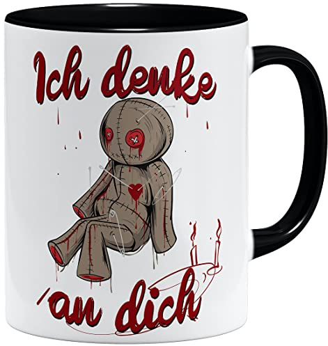 OM3® Voodoo Doll Kaffee-Tasse Ich denke an dich Love Liebe Schwarzer Humor | Keramik Becher | 11oz 325ml | Beidseitig Bedruckt | Schwarz