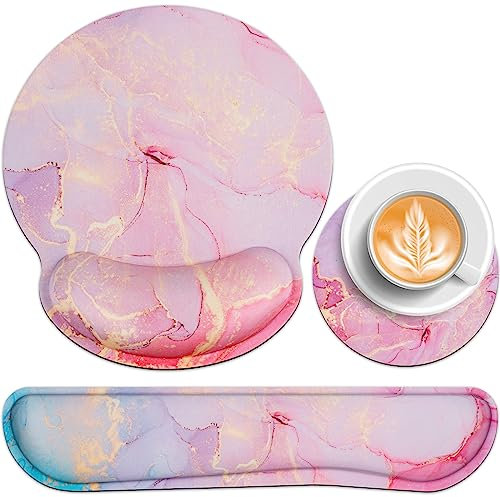 Tapis Souris Ergonomique 3 en 1 avec Coussin Gel Mousse Mémoire + Repose-Poignet Clavier + Sous-verres Antidérapants, pour Bureau/Gaming/Portable - Anti-Slip