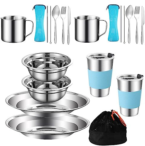 MOUFIER 20PCS Outdoor Camping Cutlery Set Stainless Steel Utensils for 2 Person Camping Tableware Mess Kit Includes Plate Bowl Cup Spoon Fork Knife with Mesh Bag for Camping Backpacking