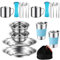 MOUFIER 20PCS Outdoor Camping Cutlery Set Stainless Steel Utensils for 2 Person Camping Tableware Mess Kit Includes Plate Bowl Cup Spoon Fork Knife with Mesh Bag for Camping Backpacking