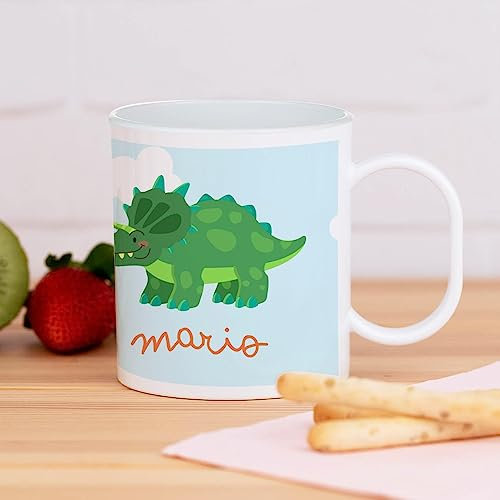Wanapix | Taza de Plástico Personalizada para Niños| Vuelta al Colegio/Guardería | Taza Infantil con Nombre |Plástico Irrompible sin BPA | 325 ml | Dinosaurio