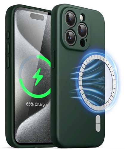 JETech Magnetic Silicone Case for iPhone 15 Pro 6.1-Inch, Compatible with MagSafe, Phone Cover with Camera Lens Full Protection (Midnight Green)