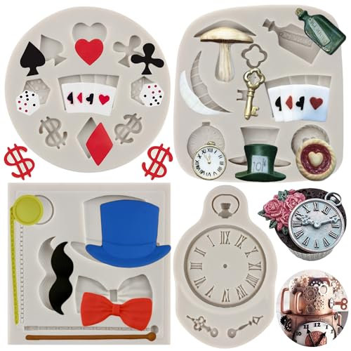 Sijiangmold Poker-Silikonformen, Wunderlandhut, Fondant, Fliege, Schnurrbart, Uhr, Schokoladenformen für Kuchendekoration, Cupcake-Topper, Süßigkeiten, Schokolade, Gummipaste, 4 Stück
