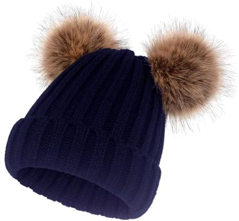 SERENYOU Damen Strickmützen Winter Bommelmütze mit Zwei Kunstpelz Bommel Marineblau