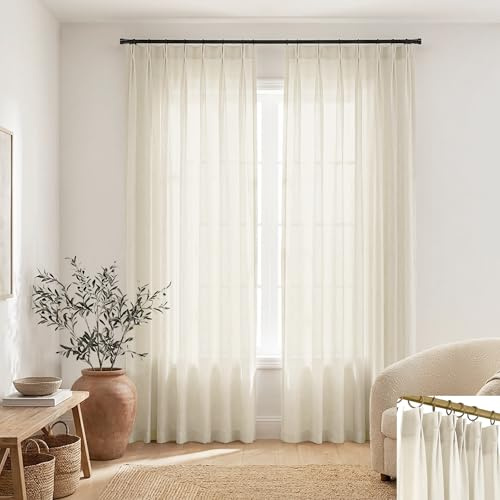 SHINELAND Sliding Door Curtains for Patio,100 Inch Long Linen Extra Wide Window Light Filtering Semi Sheer Double Pinch Pleated Custom Curtains for Sliding Glass Doors Sunroom 2 Panels Set