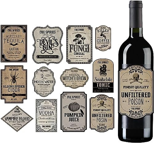 12PCS Halloween Wine Bottle Labels - Waterproof Wine Labels Potion Bottle Labels Stickers Apothecary Decals Wine Bottle Stickers for Halloween Party Decor