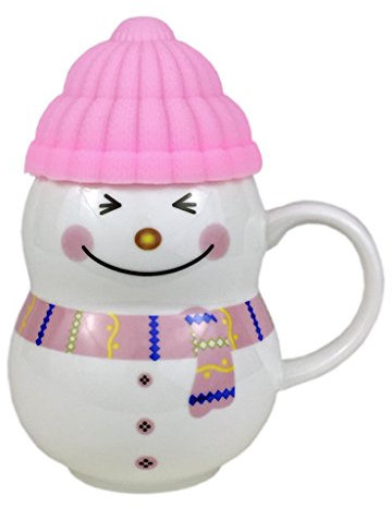 Christmas Cup Snowman Ceramic Coffee Mug with Lid Hot Cold Drink Festive Ornament Tableware Teacup (Pink)
