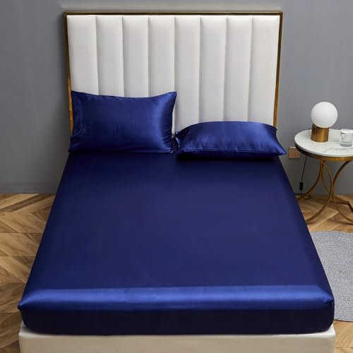 Luowei Satin Spannbettlaken Boxspringbett 160x200cm Sommer Bettlaken Dunkelblau Seidig Seide Kühlend Microfaser Spannbetttuch 160x200 Weich Maschinenwaschbar für Hohe Matratze bis 25-30 cm