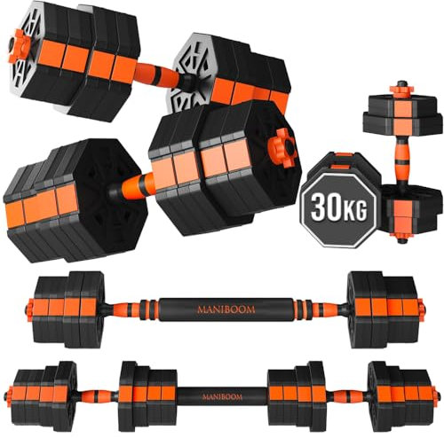 ManiBoom Juego de Pesas y Mancuernas 2 en 1 Ajustables - Juego Mancuernas 10kg - 50kg ANTIDESLIZANTES - Juego de Pesas para Casa con Barra Ajustable y Cierres de SEGURIDAD - Kit de Ejercicio