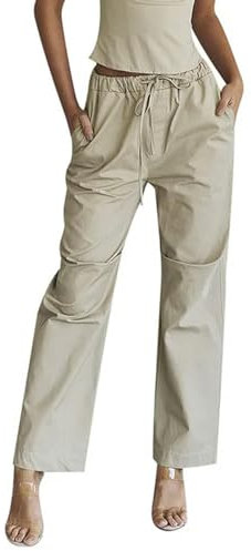 Khaki Hose y2k Ästhetische Kordelzug Low Waist Gerade Beinhose mit Taschen 2000er Damen Jogginghose Streetwear-Wie Foto zeigt-L