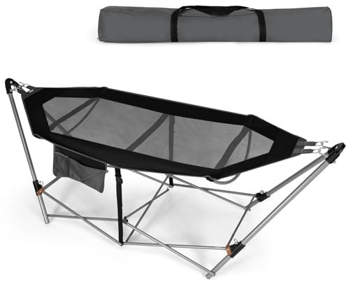 KOMFOTTEU Hängematte mit klappbarem Gestell, Hammock mit Hängemattengestell bis 150kg, Campingbett Feldbett für Indoor Camping 227x82x89 cm (Schwarz)