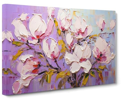 Magnolia Flower Palette Knife Canvas Wall Art Print 30x20 Inch | Ready to Hang, Gallery Wrapped, Fade-Resistant Inks, Securely Packaged, UK Made