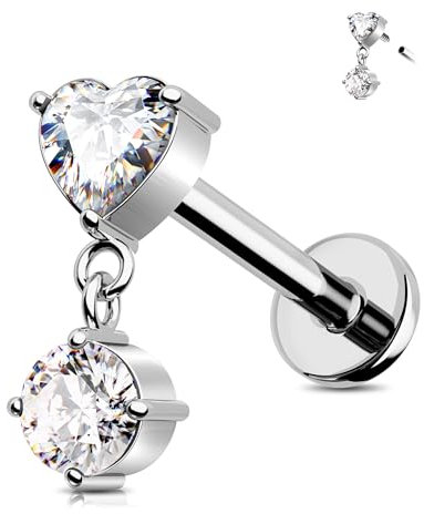 Jewseen Herz Flatback Ohrringe G23 Titan Knorpel Stud Intern Gewinde Helix Ohrringe CZ Tragus Piercing Schmuck Dangle Lippen Ring