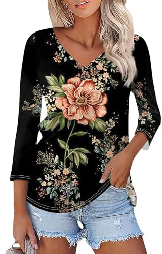 3/4 Sleeve Blouses for Women UK Casual Plus Size V Neck Tshirts Tops Elegant Floral Print Comfy Fit Tunic Blouses Black 2XL 3/4 Sleeve Tshirt Tops for Women UK V Neck T Shirts for Women UK 3/4 Sleeve