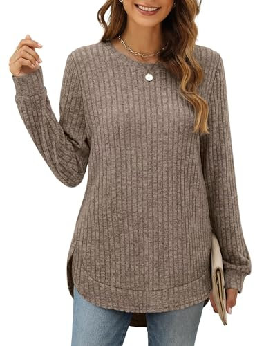 XIEERDUO Pullover Damen Strickpullover Sweatshirt Langarmshirt Herbst Winter Tunika Tshirt Elegant Oberteile Top Kaffee M
