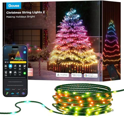 Govee RGBICW Weihnachtsbeleuchtung 500 LEDs Christmas Lights, 50M Smarte Lichterkette Innen für Weihnachtsbaum, APP-Steuerung,130+ Szenen-Modi, IP65, Kompatibel mit Alexa, Grünes Kabel