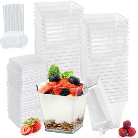 LPAMABA 50 PCS Vasos de Postre Plastico 210ml Vasos de Postre Plastico con Tapas y Cucharas Cuencos de Plástico para Postres Reutilizable Tazas de Plástico de Postre Pudín Mousse Helado en Fiesta Boda