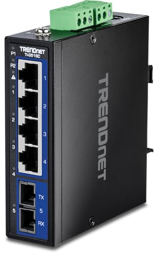 TRENDnet 5-Port gehärteter industrieller Gigabit-DIN-Schienen-Switch, TI-G51SC, 1 x Multi-Mode-SC-Anschluss, 4 x Gigabit-Ports, 10 Gbit/s, IP30-bewertet, lebenslanger Schutz, schwarz