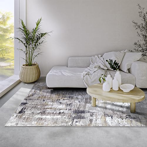 Elle Decoration Malard Teppich – Moderner Abstrakter Rutschfester Design Kurzflor Teppich für Schlafzimmer, Esszimmer, Wohnzimmer, Flur, Küche – Anthrazit Gold, 80x150cm