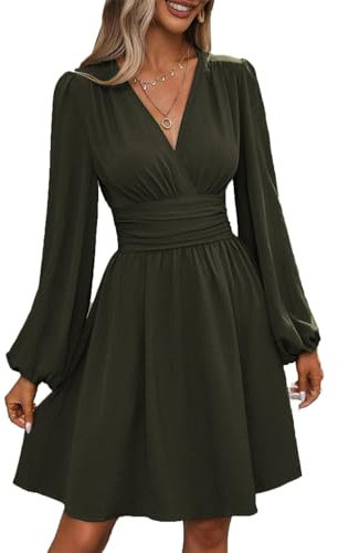 UUAISSO Vestito Casual da Donna Manica Lunga Vita Alta A Line Abiti Avvolgenti Scollo a V Midi Dress Verde Militare L