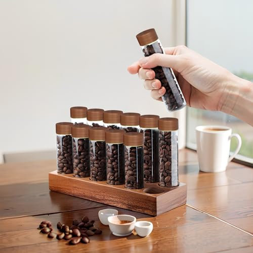 Walnuss Massivholzsockel Kaffeedosen, 12 Stück Kaffeebohnen Aufbewahrung aus Holz für Einzelne Portionen, Glasfläschchen mit Deckeln, Behälter Displayständer und Trichter, 17 g - 22 g