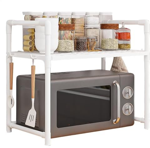 YNPQTDS Erweiterbares Mikrowellen-, 2/3 Etagen, Mikrowellen-, Topfpfanne, Grill-Aufbewahrungsregale, Küchenregal mit 4/8 Haken, Küchentheke, Organizer, Ständer, Karbonstahl, ohne