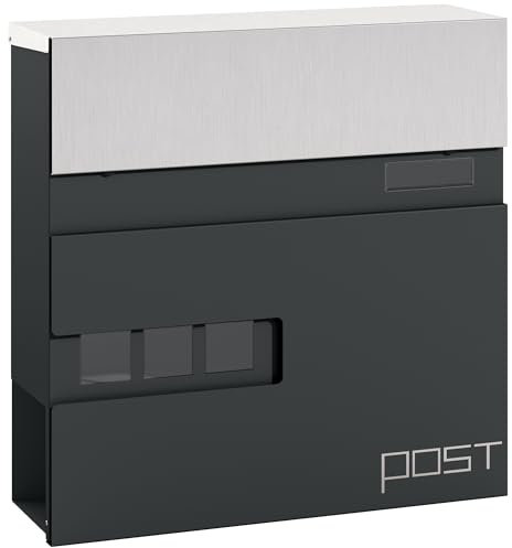 HOMCOM Wall Mounted Post Box with Viewing Window, 2 Lock, Modern Galvanised Steel Mailbox with Copper Core, Weatherproof Letterbox for Outdoor Use, Easy to Install, Charcoal Grey