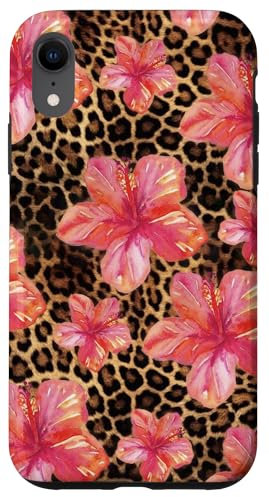 Cute Aesthetic Pink Hibiscus Pattern Leopard Print Girly Y2K Case for iPhone XR