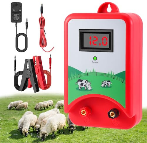 Electric Fence Energizer with LED Display, 12kv 1.5j Solar Battery Powered Unit, Electric Fence Energiser for Horses Cattle Sheep Horse, 10km Range, Low Energy Dual Action Safe, Keep Out Predators